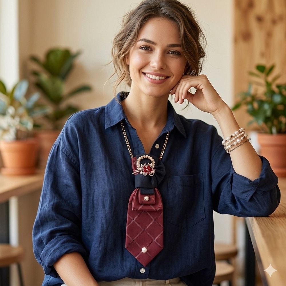 Tommy Hilfiger Repurposed Red Plaid Tie Necklace with Brooch and Pearl Bracelet